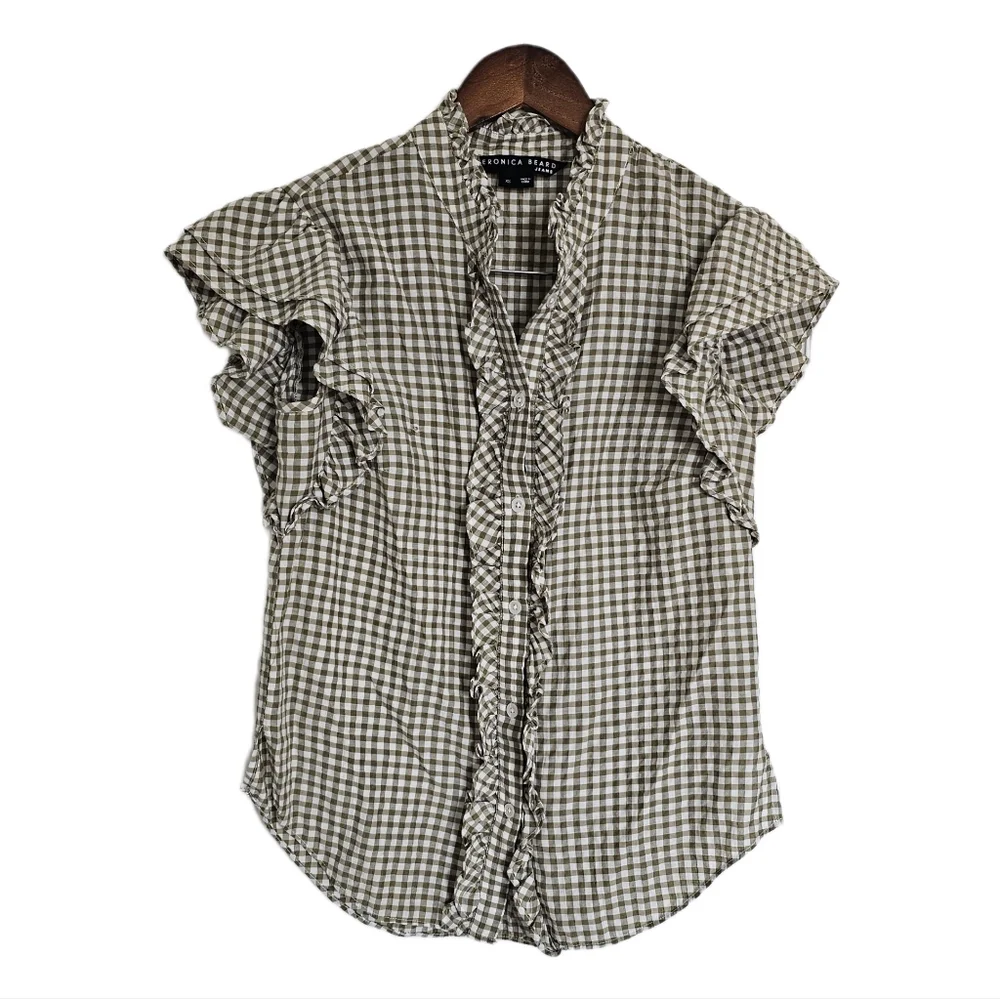 Veronica Beard Gingham Green and White Ruffle Button Shirt XS